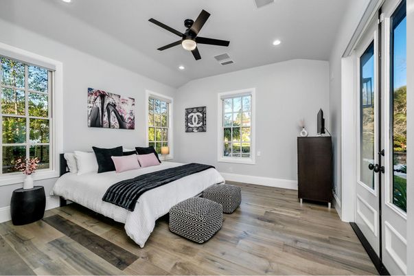 Bedroom, Interior, Recessed Lighting, Wood Texture Flooring