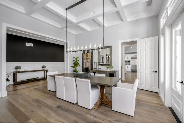 Dining room, Interior, Kitchen, Pendant Lights, Wood Texture Flooring