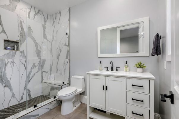 Bathroom, Glass Shower, Interior, Marble Walls