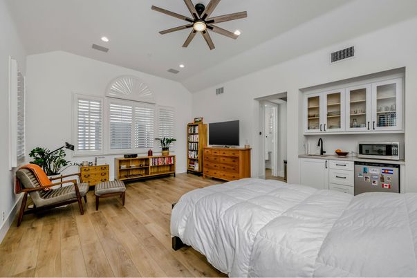 Bedroom, Interior, Recessed Lighting, Wood Texture Flooring