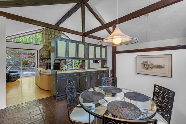 Dining room, Interior, Kitchen, Pendant Lights, Wooden Beams, Wood Texture Flooring
