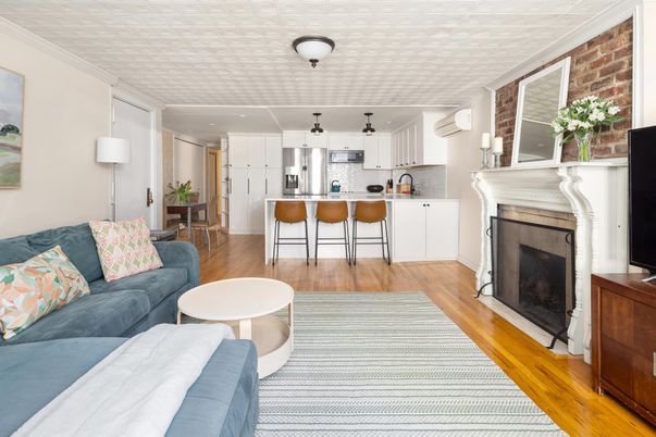 Fireplace, Interior, Kitchen, Living room, Stainless Steel Appliances, Stone Walls, Wood Texture Flooring