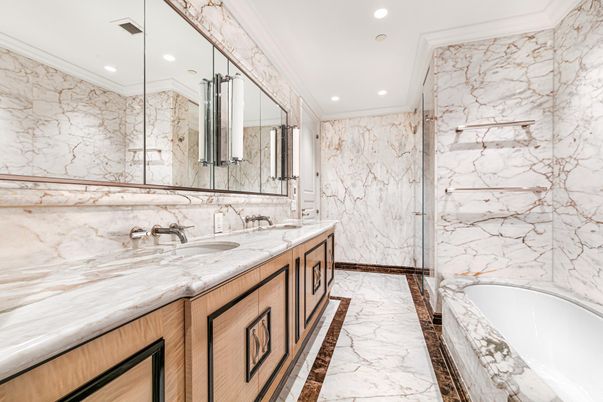 Bathroom, Dual Sink Vanities, Glass Shower, Interior, Marble, Marble Walls, Recessed Lighting