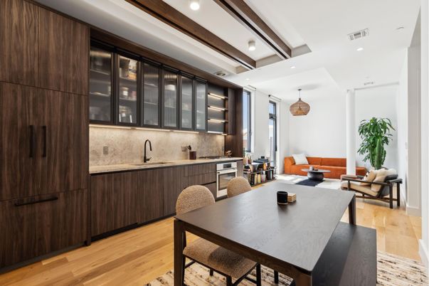 Dining room, Interior, Pendant Lights, Recessed Lighting, Wood Texture Flooring