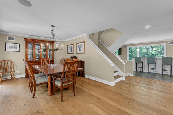 Dining room, Interior, Pendant Lights, Recessed Lighting, Wood Texture Flooring