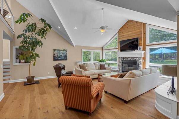 Fireplace, Interior, Living room, Recessed Lighting, Wood Texture Flooring, Wooden Walls