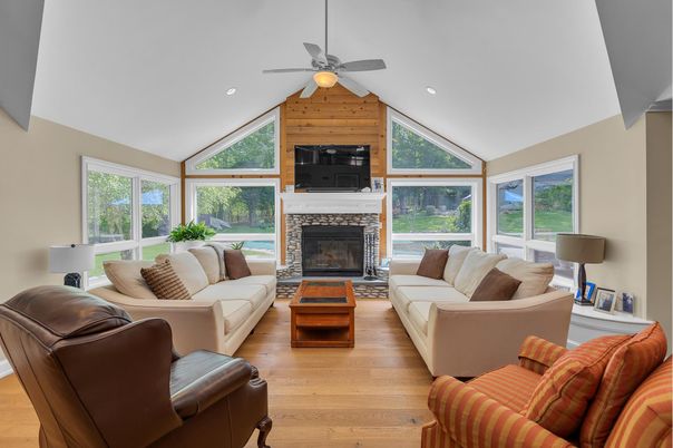 Fireplace, Interior, Living room, Recessed Lighting, Wood Texture Flooring, Wooden Walls