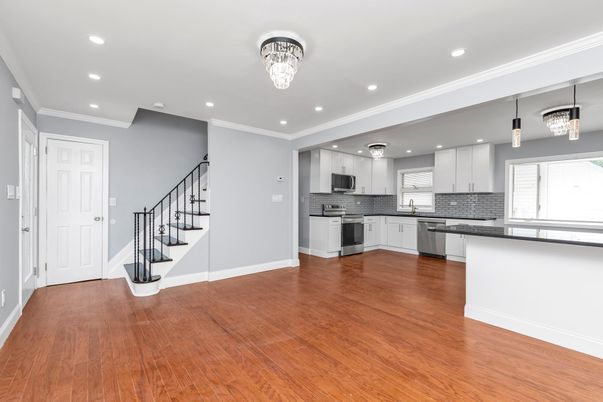 Interior, Kitchen, Pendant Lights, Recessed Lighting, Stainless Steel Appliances, Wood Texture Flooring