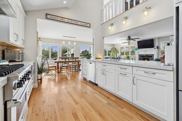 Dining room, Fireplace, Interior, Kitchen, Pendant Lights, Wood Texture Flooring