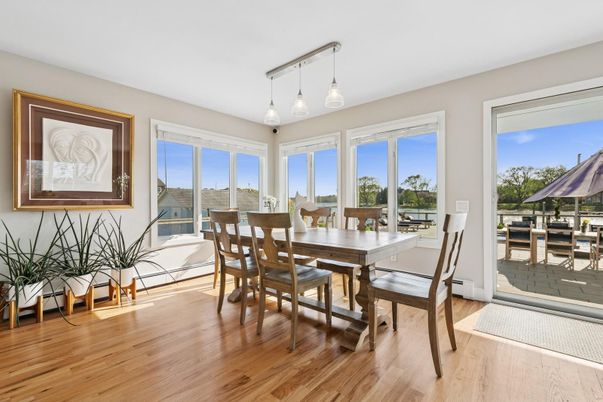 Dining room, Interior, Pendant Lights, Wood Texture Flooring