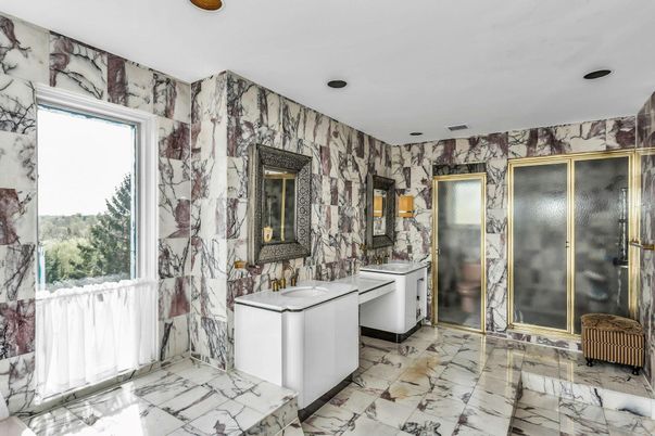 Bathroom, Dual Sink Vanities, Glass Shower, Interior, Marble, Marble Walls, Recessed Lighting