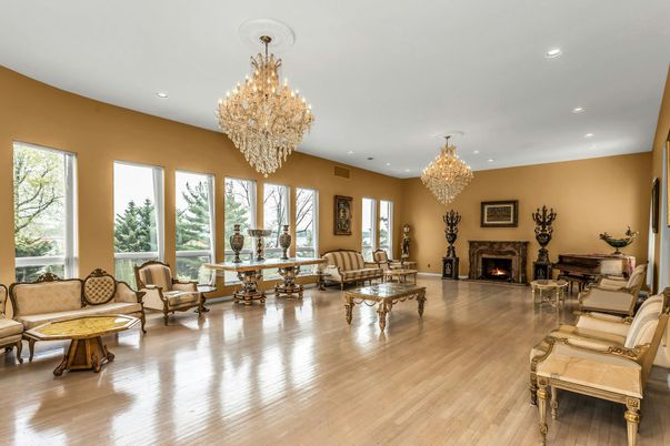 Chandelier, Fireplace, Interior, Living room, Recessed Lighting, Wood Texture Flooring