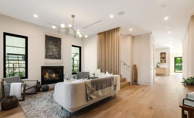 Fireplace, Interior, Living room, Pendant Lights, Recessed Lighting, Wood Texture Flooring