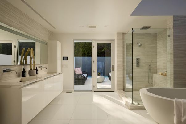 Bathroom, Free Standing Baths, Glass Shower, Interior, Recessed Lighting