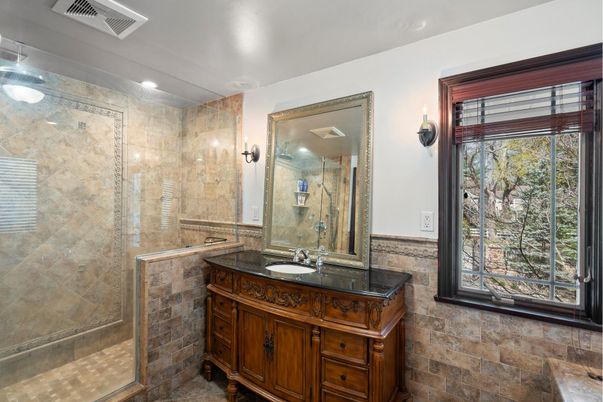Bathroom, Glass Shower, Interior, Recessed Lighting, Stone Walls