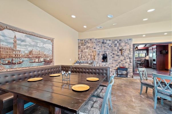 Dining room, Fireplace, Interior, Recessed Lighting, Stone Walls