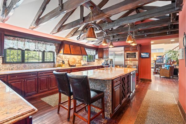 Interior, Kitchen, Pendant Lights, Recessed Lighting, Stainless Steel Appliances, Wooden Beams, Wood Texture Flooring