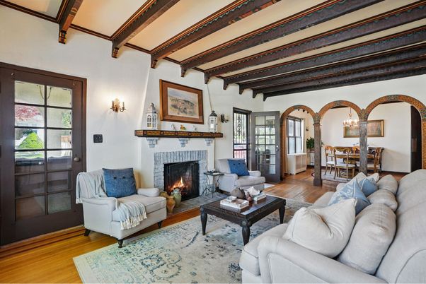 Dining room, Fireplace, Interior, Living room, Wooden Beams, Wood Texture Flooring