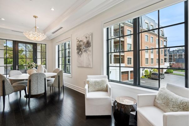 Chandelier, Dining room, Interior, Pendant Lights, Recessed Lighting, Wood Texture Flooring
