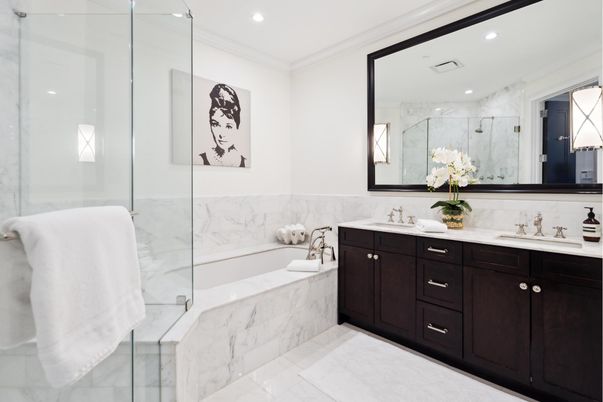 Bathroom, Dual Sink Vanities, Glass Shower, Interior, Marble, Marble Walls, Recessed Lighting