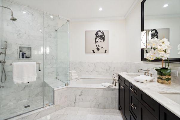 Bathroom, Dual Sink Vanities, Glass Shower, Interior, Marble, Marble Walls, Recessed Lighting