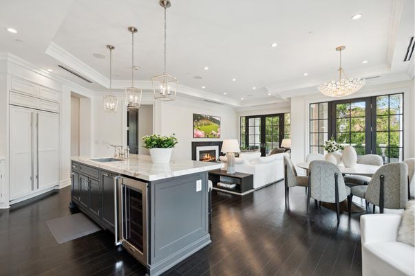 Chandelier, Dining room, Fireplace, Interior, Kitchen, Living room, Pendant Lights, Recessed Lighting, Wood Texture Flooring