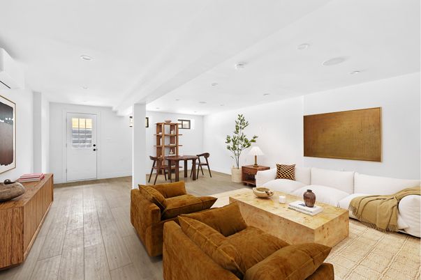 Dining room, Interior, Living room, Recessed Lighting, Wood Texture Flooring