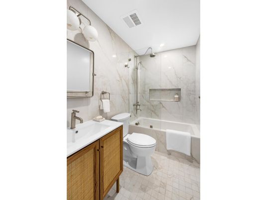 Bathroom, Glass Shower, Interior, Marble Walls, Recessed Lighting