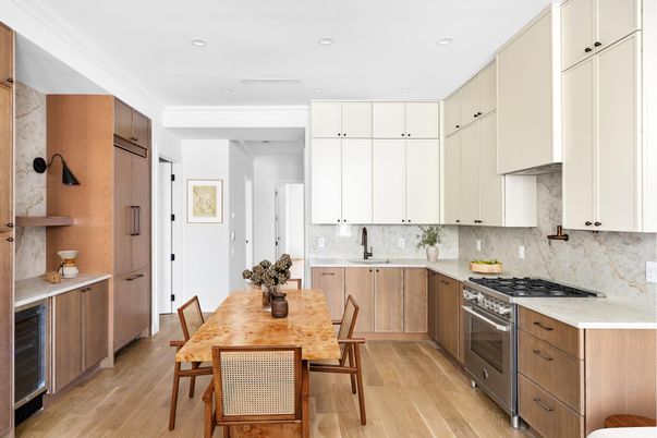 Dining room, Interior, Kitchen, Recessed Lighting, Stainless Steel Appliances, Wood Texture Flooring