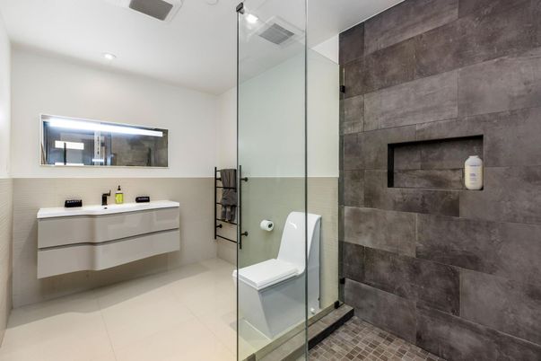 Bathroom, Glass Shower, Interior, Recessed Lighting