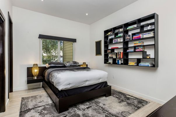 Bedroom, Interior, Recessed Lighting, Wood Texture Flooring