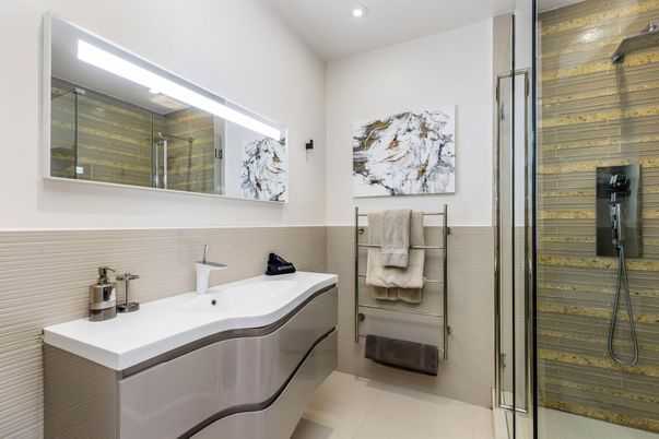 Bathroom, Glass Shower, Interior, Recessed Lighting