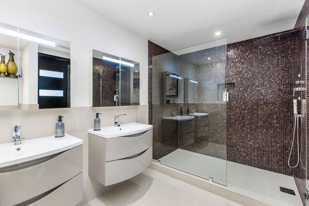 Bathroom, Dual Sink Vanities, Glass Shower, Interior, Recessed Lighting