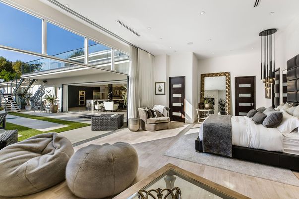 Bedroom, Interior, Pendant Lights, Recessed Lighting, Wood Texture Flooring