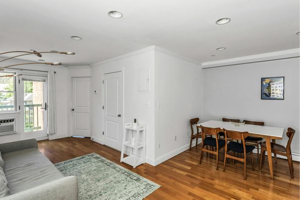 Dining room, Interior, Recessed Lighting, Wood Texture Flooring