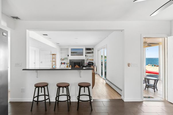 Fireplace, Interior, Kitchen, Recessed Lighting, Water, Wood Texture Flooring
