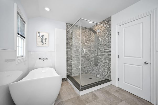 Bathroom, Free Standing Baths, Glass Shower, Interior, Recessed Lighting