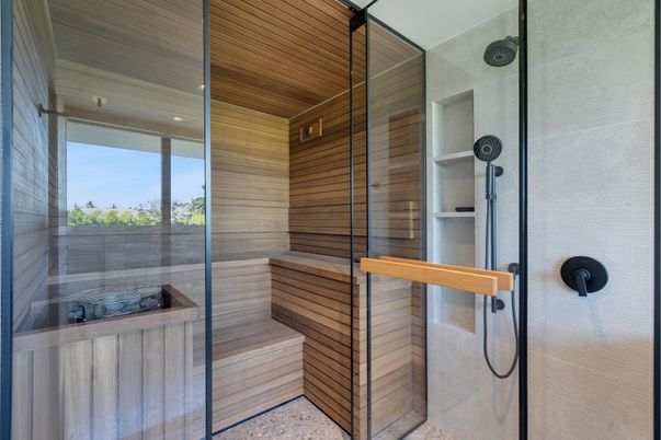 Bathroom, Glass Shower, Interior, Recessed Lighting, Sauna Room