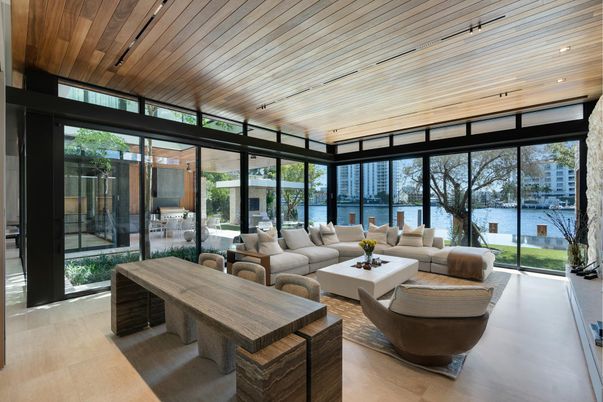 Interior, Living room, Recessed Lighting, Water, Wooden Ceilings