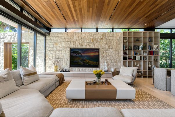 Fireplace, Interior, Living room, Recessed Lighting, Stone Walls, Wooden Ceilings, Wood Texture Flooring