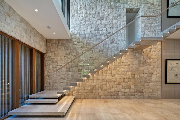 Interior, Recessed Lighting, Stone Walls, Wood Texture Flooring
