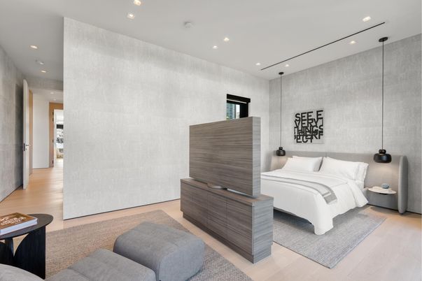 Bedroom, Interior, Recessed Lighting, Wood Texture Flooring