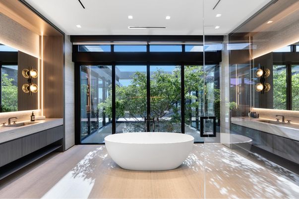 Bathroom, Dual Sink Vanities, Free Standing Baths, Glass Shower, Interior, Recessed Lighting, Wood Texture Flooring