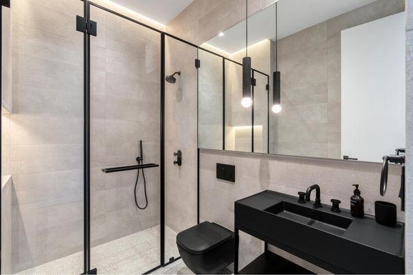 Bathroom, Glass Shower, Interior, Recessed Lighting