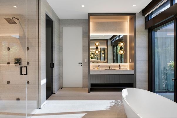 Bathroom, Free Standing Baths, Glass Shower, Interior, Recessed Lighting
