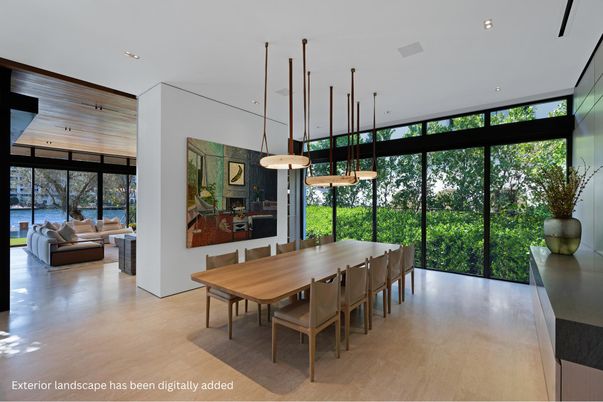 Dining room, Interior, Living room, Pendant Lights, Recessed Lighting, Wood Texture Flooring