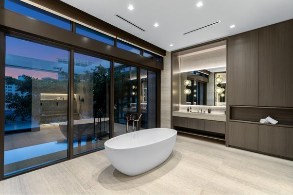 Bathroom, Dual Sink Vanities, Free Standing Baths, Interior, Recessed Lighting, Wood Texture Flooring