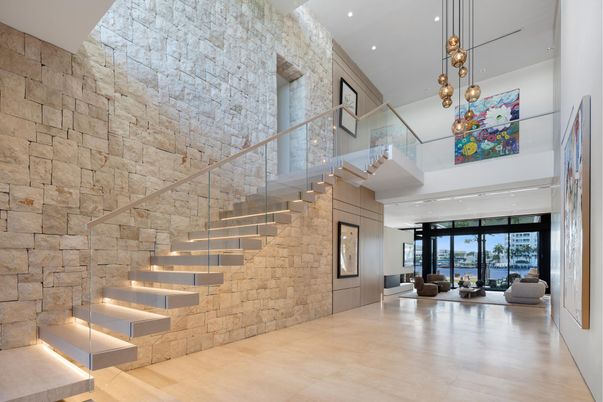 Interior, Pendant Lights, Recessed Lighting, Stone Walls, Wood Texture Flooring