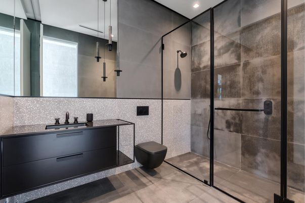 Bathroom, Glass Shower, Interior, Recessed Lighting