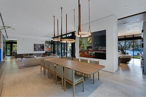 Dining room, Interior, Living room, Pendant Lights, Recessed Lighting, Wood Texture Flooring